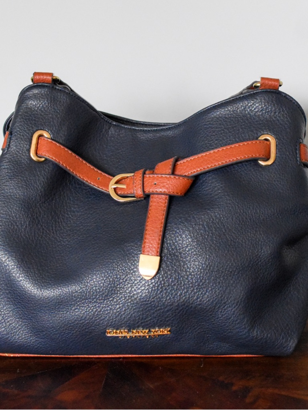 Jones New York Satchel in Cognac and Blue Top Handle w/Strap and Belted Detail - Picture 8 of 8